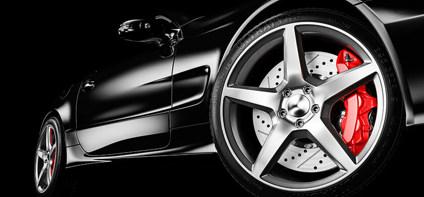 black car with a focus on the rim, this car uses wire from a wire company